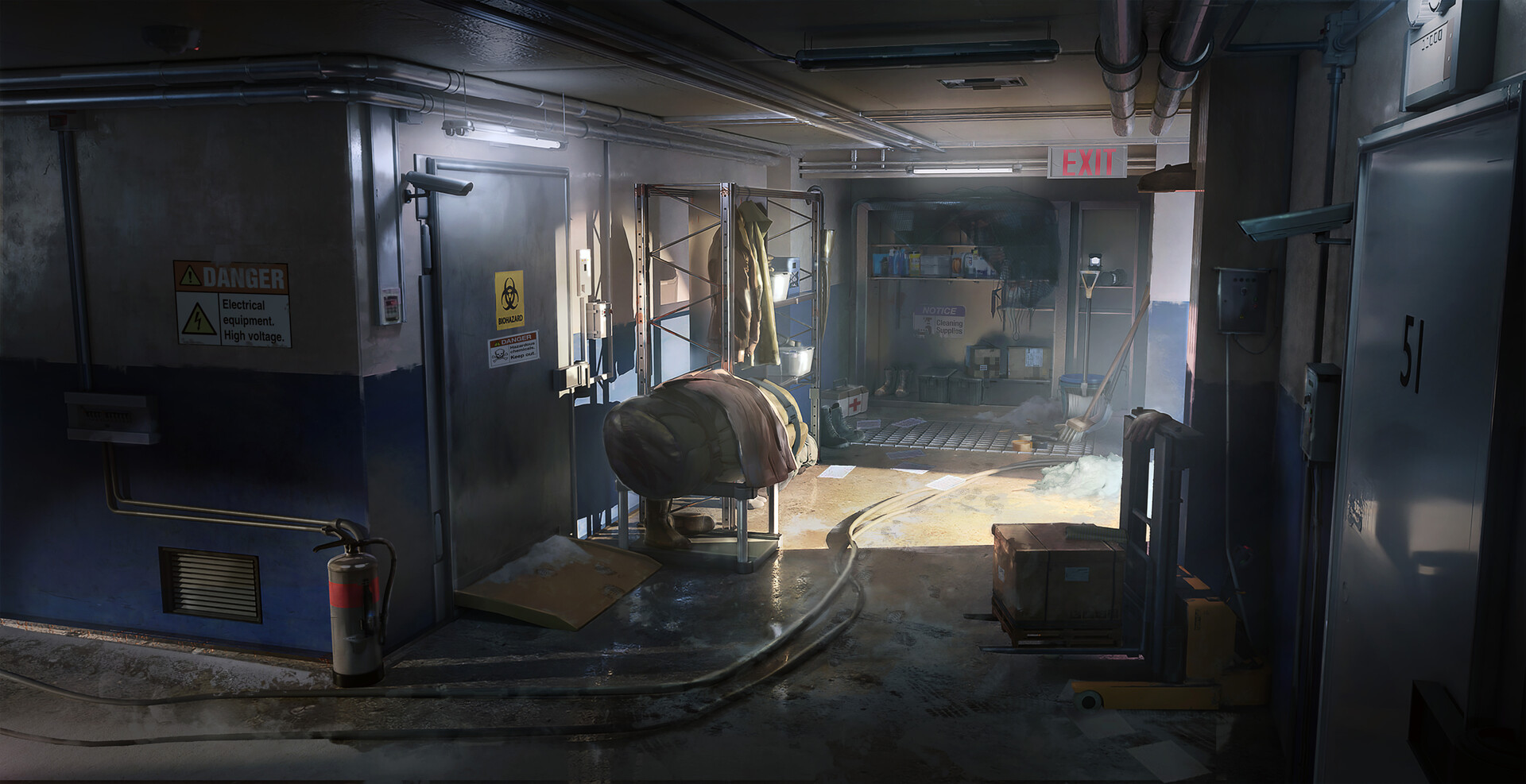 Gritty industrial backroom with biohazard signage, exit light and scattered supplies.