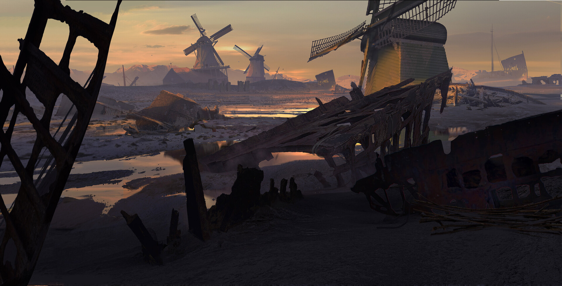 Sunset wasteland with ruined ship hulls and windmills on the horizon.