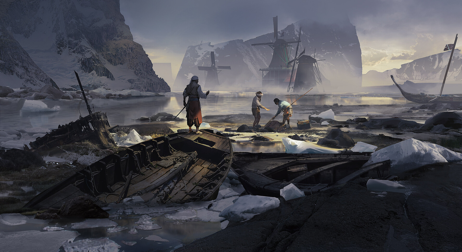 Arctic shore with shipwrecks, figures and distant windmills under overcast sky.