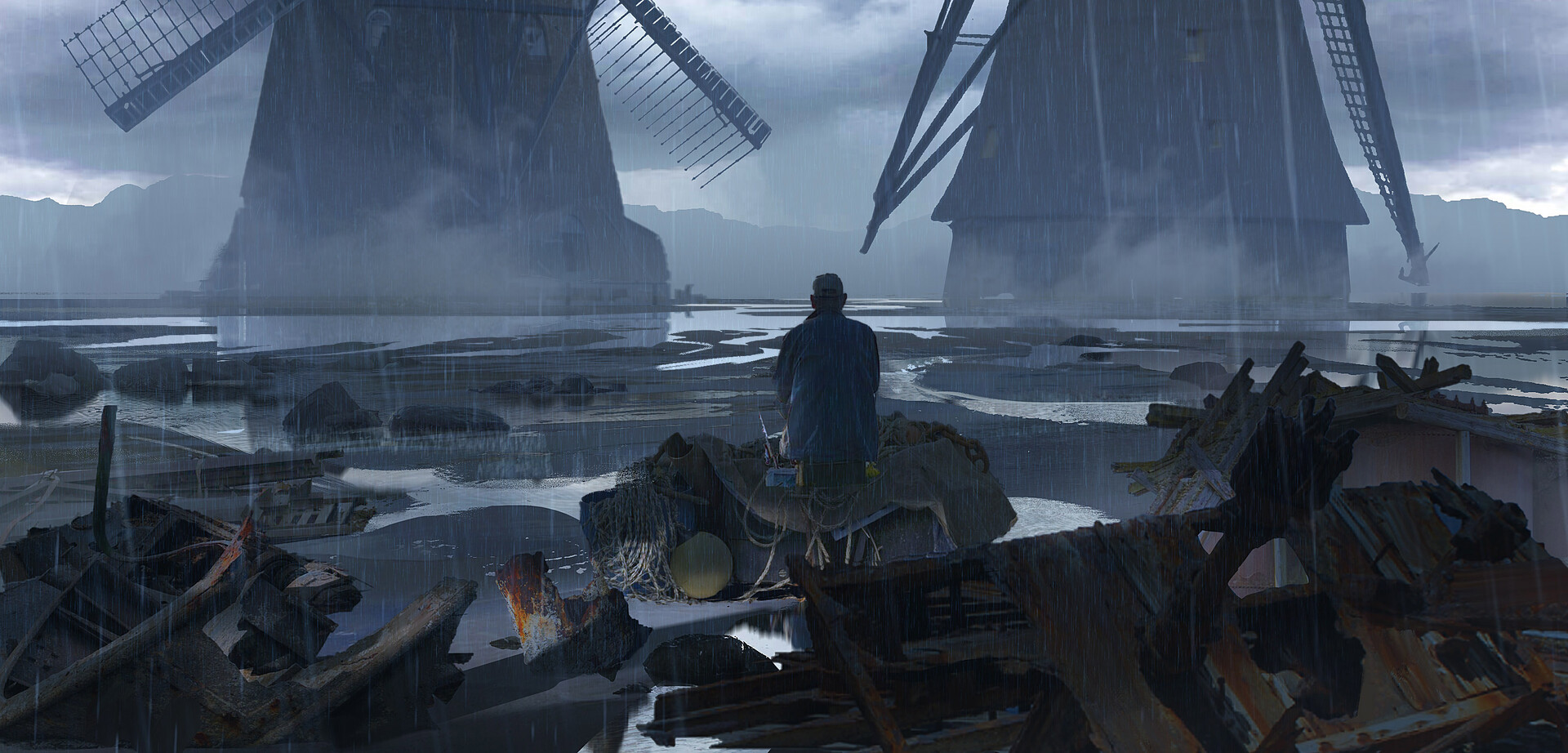 Rainy salt flats with a seated figure and looming dark windmills.