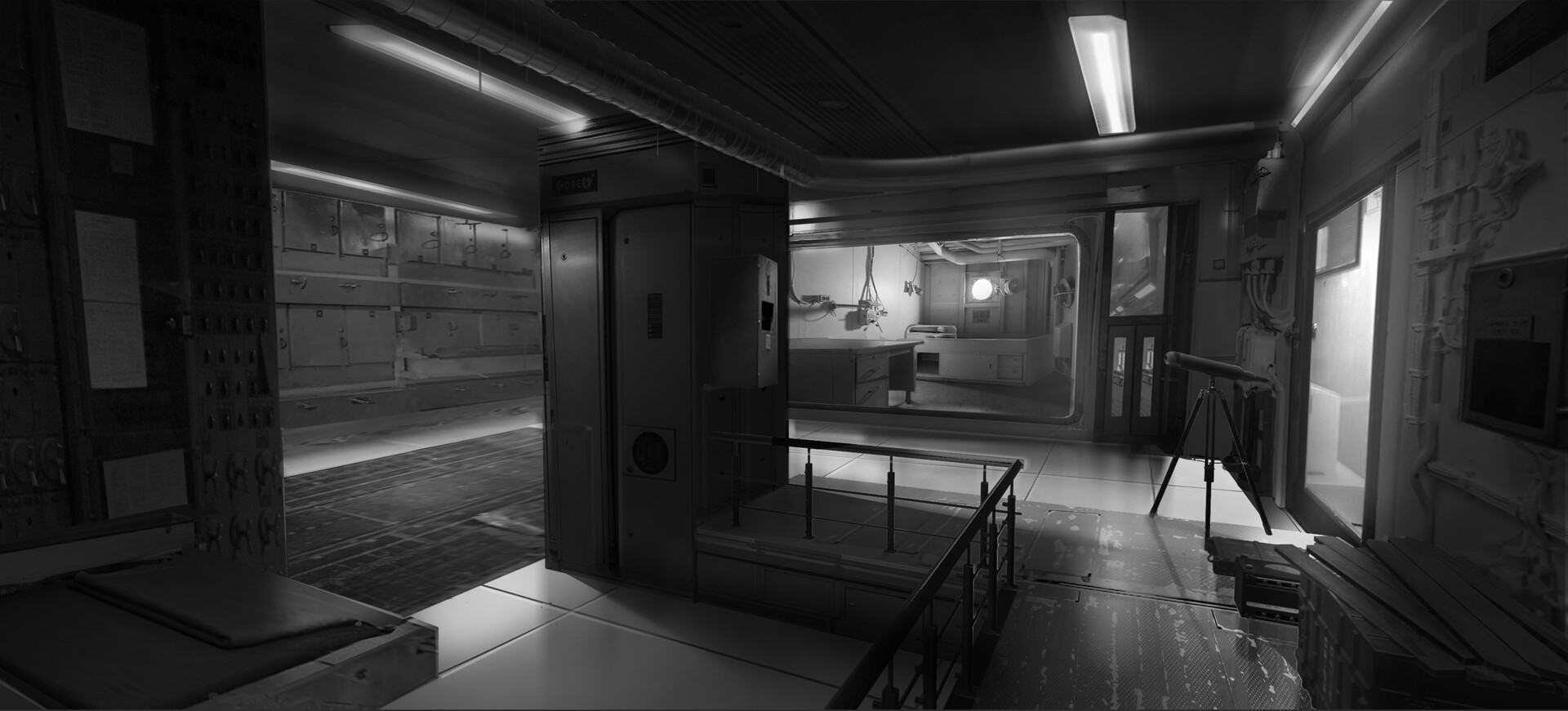 Monochrome sci-fi interior corridor with bunks and bulkhead doors.