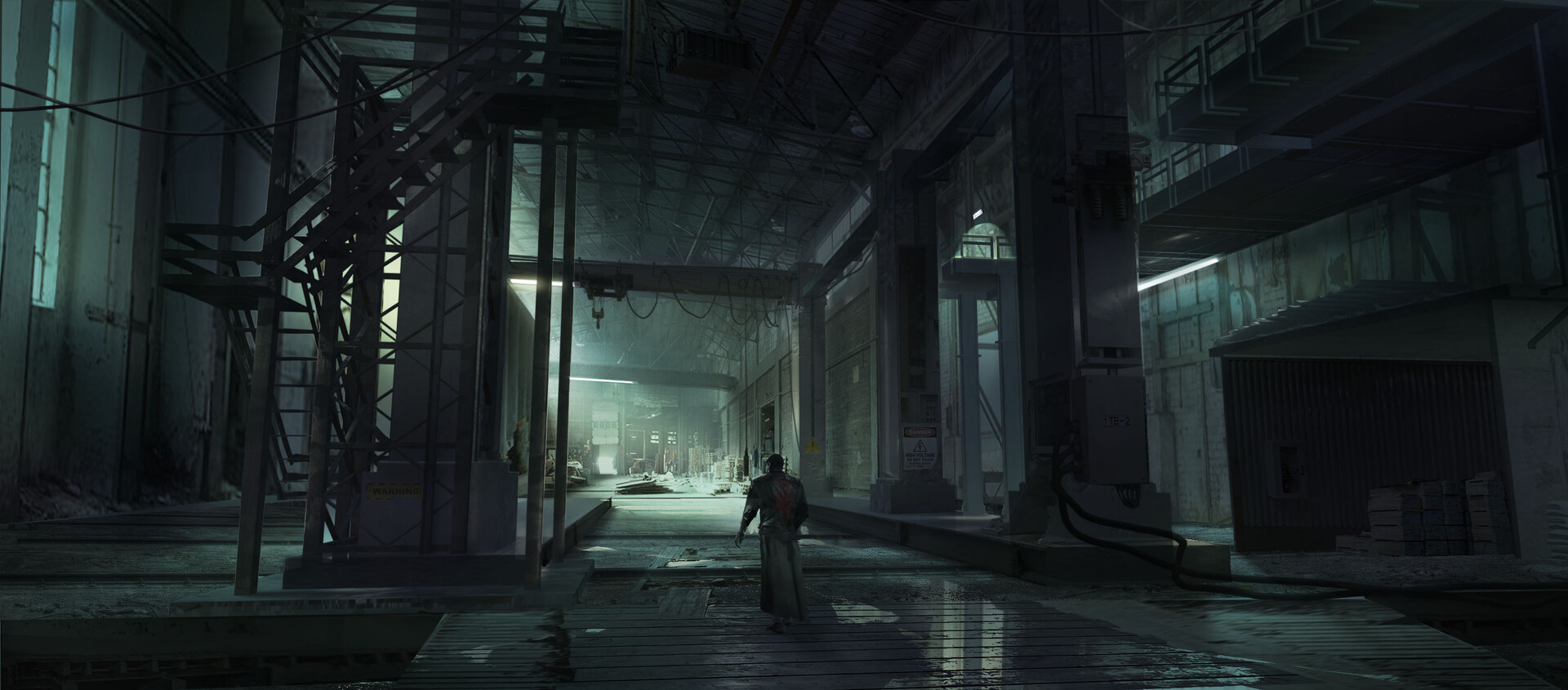 Dim industrial warehouse interior with a lone figure under cool fluorescent light.